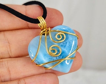 AAA Larimar Heart Pendant, Handmade Wire Wrapped Jewelry, Blue Gemstone Necklace, Caribbean & Beachy Style, Waterproof And Non Tarnish