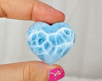 19g High Quality Larimar Puffy Heart Palmstone, Turtleback & Ocean Patterns, Authentic Crystal From Dominican Republic, Blue Worry Stone