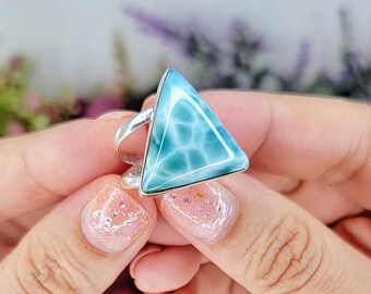 Stunning Triangle Shaped Larimar Ring - Handcrafted with Love for a Unique and Perfect Gift