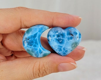 17g Deep Dark Blue Larimar Heart & Moon Set W/ Copper Spots, High Quality Gemstone, Sent Directly From Dominican Republic Mine, Rare Stones