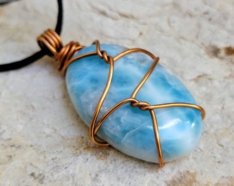 AAA+ Large Wire Wrapped Larimar Necklace, Larimar Jewelry, Blue Gemstone, Natural Larimar, Wire Wrapped Pendant, Crystal Jewelry, Larimar