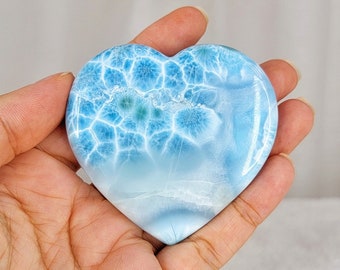 99g Large Larimar Heart Palmstone, High Quality Gemstone From Dominican Republic, Ocean & Turtleback Patterns, Blue Quartz Crystal