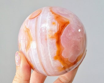 642g Carnelian Flower Agate Sphere, Large Crystal Ball, Sakura Flower Gemstone, Pink Crystals, Rare Stones, Unique Mineral Specimen