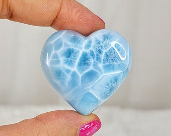 25g AAAA Larimar Crystal Heart Puffy Palmstone, Genuine Dominican Blue Stone, High Quality Minerals, Atlantis Gemstone Carving