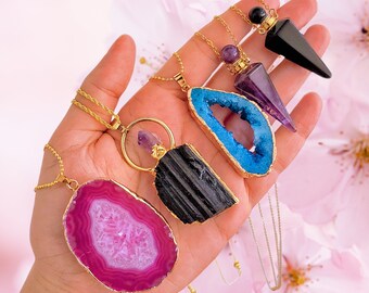 YOU CHOOSE - High Quality Crystal Necklace In Gold Filled Chain, Electroplated Gemstone Pendant, Amethyst, Black Tourmaline, Quartz & More