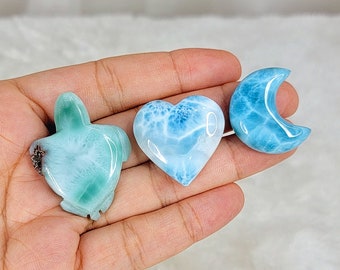 34g Shades Of Larimar Heart, Moon & Turtle Set, Mini Crystals, High Quality Gemstones, Dominican Republic Blue Quartz, Pocket Stones