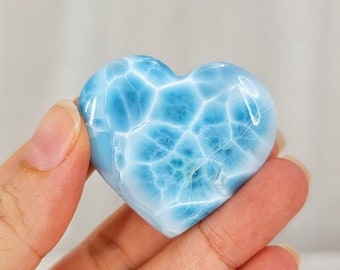 28g AAAA+ Larimar Heart Palmstone, Blue Crystal For Stress Relief, Peaceful Gemstones, High Quality Stone, Dominican Republic Pectolite