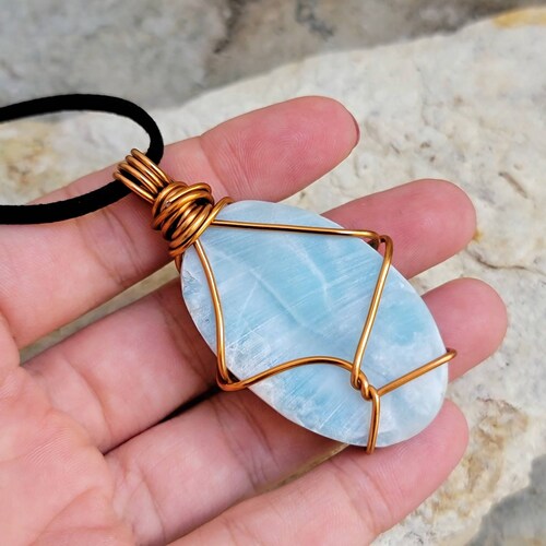 A Grade Large Larimar Necklace Pendant, Wire shops Wrapped Crystal Necklace, Aquamatine Color Gemstone Jewelry, Natural Dominican Republic Stone
