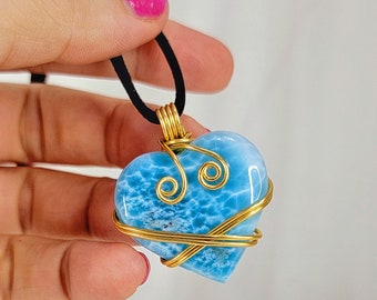 Gold Wire Wrapped Larimar Heart Pendant, Handmade Jewelry, Blue Gemstone Necklace, Caribbean & Beachy Jewel, Waterproof And Non Tarnish