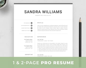 Professional Resume Template for Word, Modern CV Design, Simple 1 & 2 Page Format, Mac or PC, Manager, Executive, C Level, Analyst, Sandra