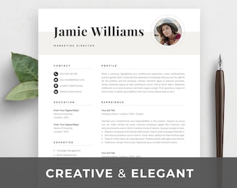 May include: A black and white resume template with the name Jamie Williams and the title Marketing Director. The resume includes sections for contact information, education, experience, expertise, awards, and a profile section.