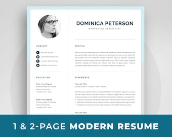 Modern Resume Template | Creative CV with Photo | 1, 2 Page Marketing CV | Photo Resume for Word | Mac or PC | Instant Download | Dominica