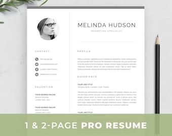 CV Template with Photo, Professional Resume Template for Word and Mac Pages, Modern CV Design, 1 & 2 Page Resume, Cover Letter, Melinda