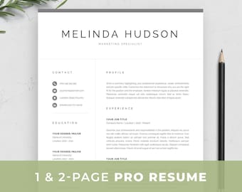 Modern Resume Template for Word & Mac Pages | Professional 1 / 2 Page CV | Creative Marketing CV | Clean Design | Instant Download | Melinda