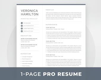 Professional Resume Template | Compact 1 Page Resume Template | Modern One Page CV for Word & Mac Pages | Instant Download | Veronica