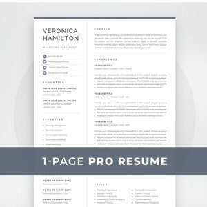 May include: A one-page professional resume template with a gray and white color scheme. The resume includes sections for profile, experience, education, expertise, awards, skills, and a 1-page pro resume title.