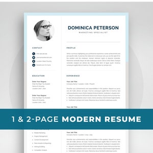 Modern Resume Template, Creative CV with Photo, 1 & 2 Page Marketing CV, Photo Resume for Word, Mac or PC, Instant Download, Dominica