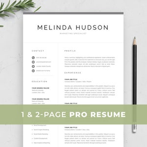 Modern Resume Template for Word & Mac Pages | Professional 1 / 2 Page CV | Creative Marketing CV | Clean Design | Instant Download | Melinda