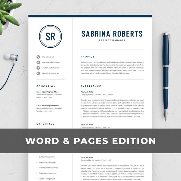 Professional Resume Template | Modern Manager, Executive, Business Analyst CV Design | Word & Mac Pages | Cover Letter | Instant Download