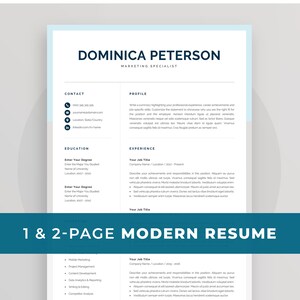 May include: A modern resume template with a blue and white color scheme. The template is designed for a marketing specialist and includes sections for contact information, education, experience, and skills. The text "1 & 2-PAGE MODERN RESUME" is displayed in a large font at the bottom of the page.