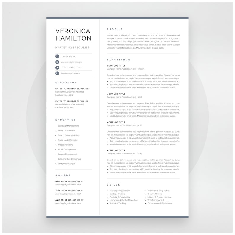 Professional Resume Template, Compact 1 Page Resume Template, Modern One Page CV for Word & Mac Pages, Instant Download, Veronica