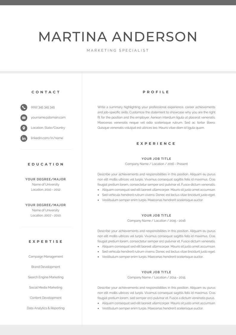 Instant Download Creative Resume Design Modern Resume Template Professional CV Template for Word Cover Letter Martina Mac /& PC
