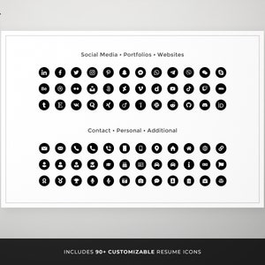May include: A white sheet with black circular icons representing social media, portfolios, and contact information. Text at the top reads "Social Media &bull; Portfolios &bull; Websites." The bottom text says "Contact &bull; Personal &bull; Additional." Includes 90+ customizable resume icons.