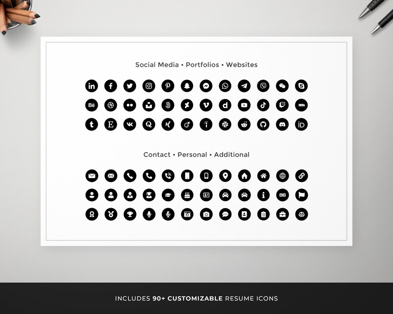 May include: A white sheet with black circular icons representing social media, portfolios, and contact information. Text at the top reads "Social Media &bull; Portfolios &bull; Websites." The bottom text says "Contact &bull; Personal &bull; Additional." Includes 90+ customizable resume icons.