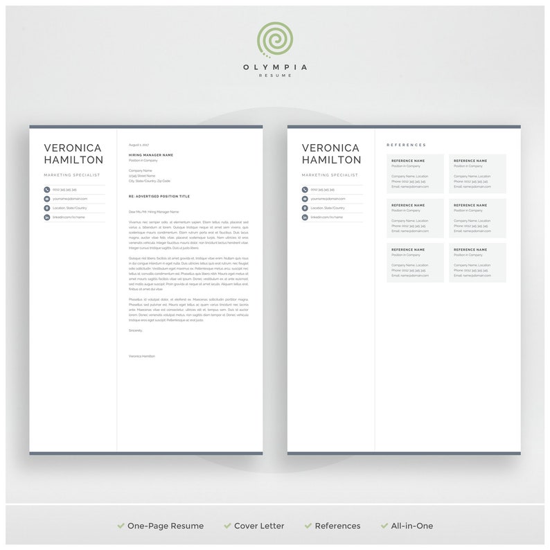 Professional Resume Template, Compact 1 Page Resume Template, Modern One Page CV for Word & Mac Pages, Instant Download, Veronica