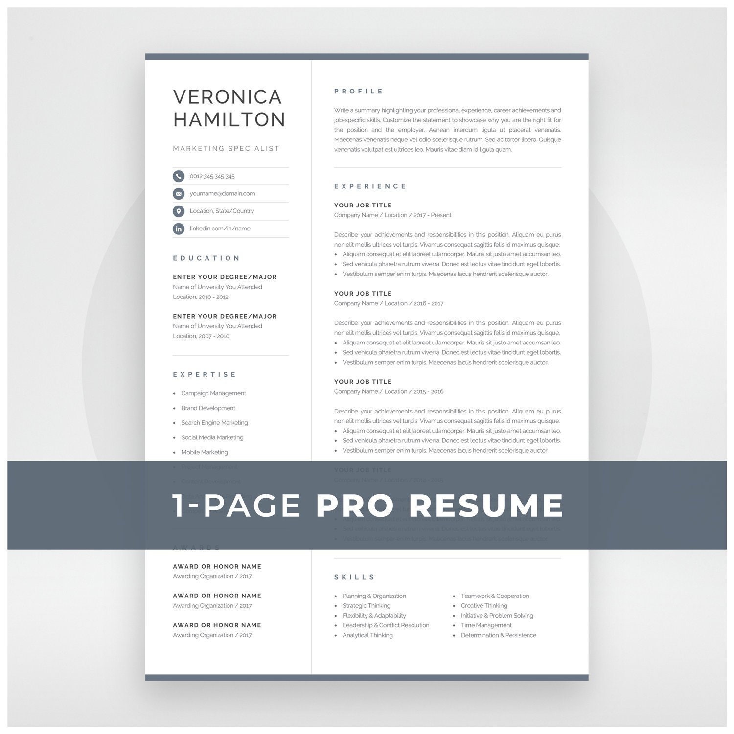 Professional Resume Template  Compact 23 Page Resume Template  Modern One  Page CV for Word & Mac Pages  Instant Download  Veronica With Resume Templates Word 2007