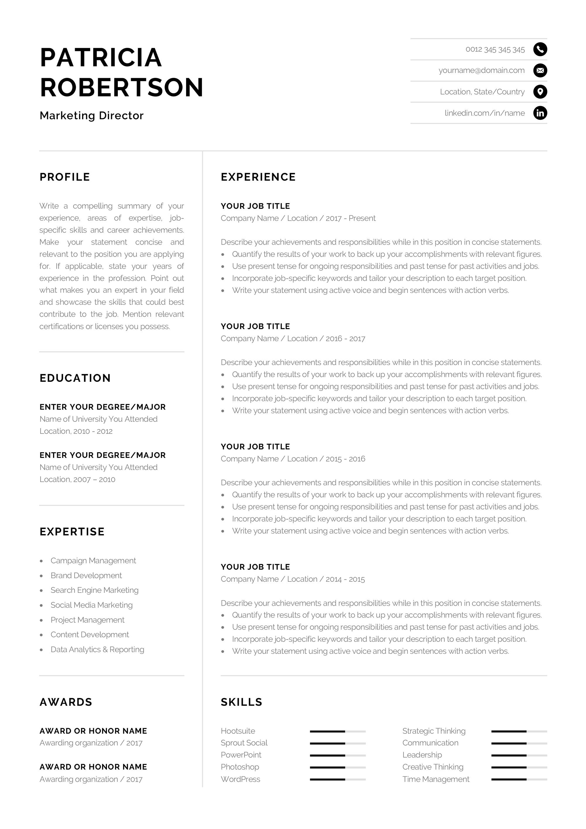 Professional 1 Page Resume Template | Modern One Page CV | Word & Mac ...