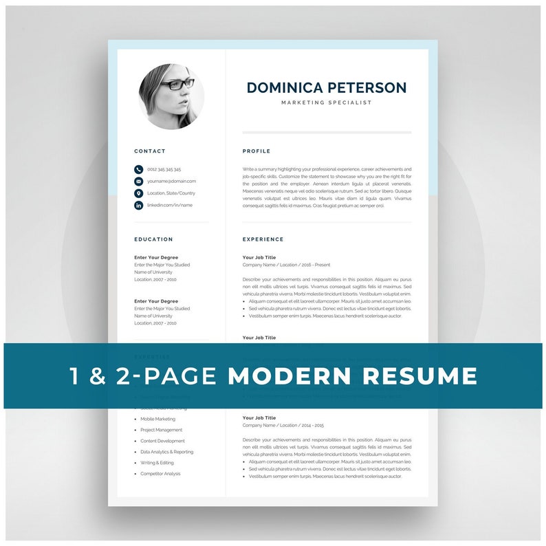 Modern Resume Template, Creative CV with Photo, 1 & 2 Page Marketing CV, Photo Resume for Word, Mac or PC, Instant Download, Dominica