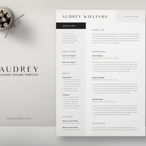 Modelo de currículo elegante para Word, design minimalista, currículo criativo de 1 e 2 páginas, carta de apresentação, designer, professor, marketing, Audrey