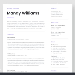 May include: A resume template for a graphic designer named Mandy Williams. The resume includes contact information, education, experience, skills, and awards. The resume is designed in a modern and professional style.