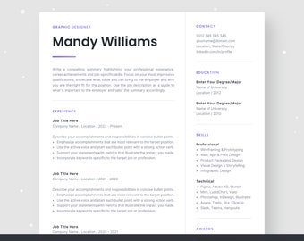 May include: A resume template for a graphic designer named Mandy Williams. The resume includes contact information, education, experience, skills, and awards. The resume is designed in a modern and professional style.