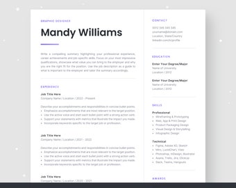 Modern Resume Template for Word. Minimalist CV Design. 1 & 2 Page Resume. Graphic Designer, Software Engineer, Developer, Marketing. Mandy