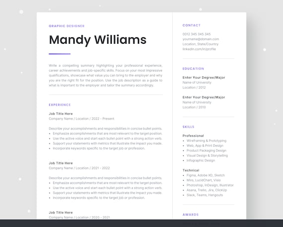 Modern Resume Template for Word. Minimalist CV Design. 1 & 2 Page Resume. Graphic Designer, Software Engineer, Developer, Marketing. Mandy