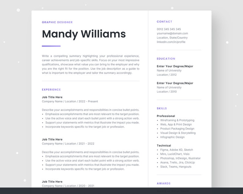 May include: A resume template for a graphic designer named Mandy Williams. The resume includes contact information, education, experience, skills, and awards. The resume is designed in a modern and professional style.