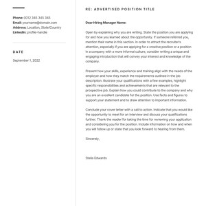 May include: A professional resume template with the name "Stella Edwards" and the title "Marketing Specialist." The document includes contact information, a date, and a section for a cover letter. The text is black on a white background.