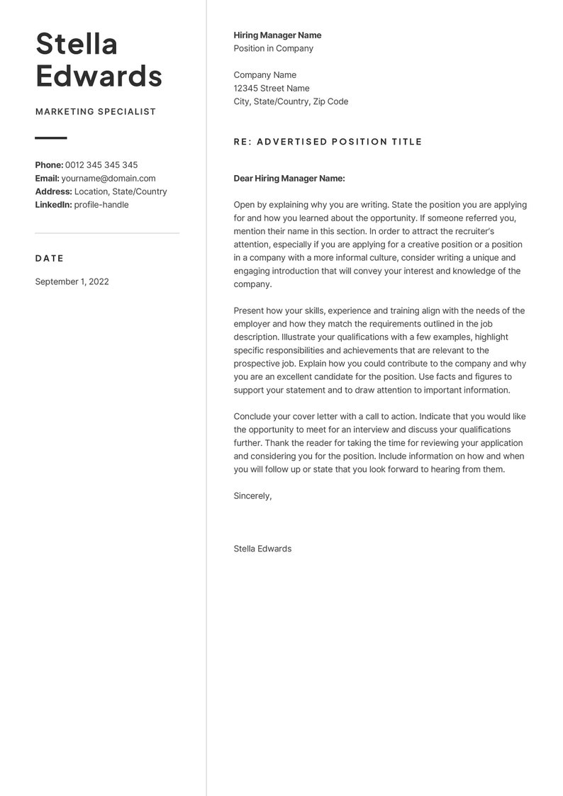 May include: A professional resume template with the name "Stella Edwards" and the title "Marketing Specialist." The document includes contact information, a date, and a section for a cover letter. The text is black on a white background.