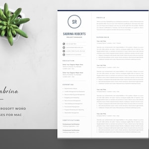 May include: A one-page resume template with a blue and white color scheme. The resume is for Sabrina Roberts, Project Manager. The resume includes sections for profile, experience, education, expertise, and certifications.