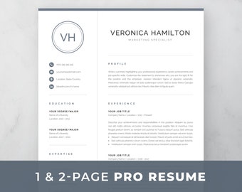 Resume Template with Monogram | 1 & 2 Page Resume | Modern Design | Logo | Marketing CV | Word and Mac Pages | Instant Download | Veronica