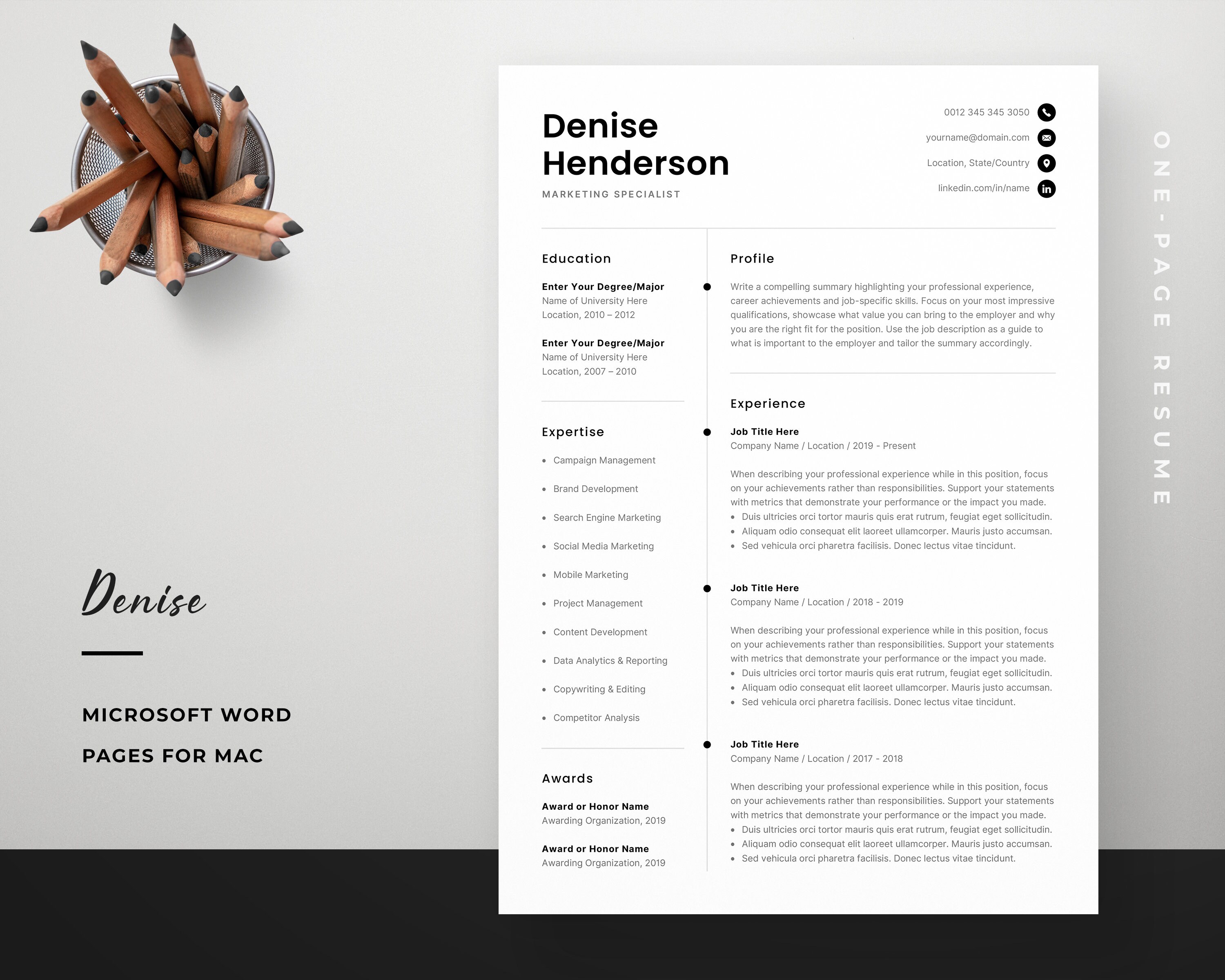 Professional Resume Template for Word & Pages | Minimalist CV Design ...