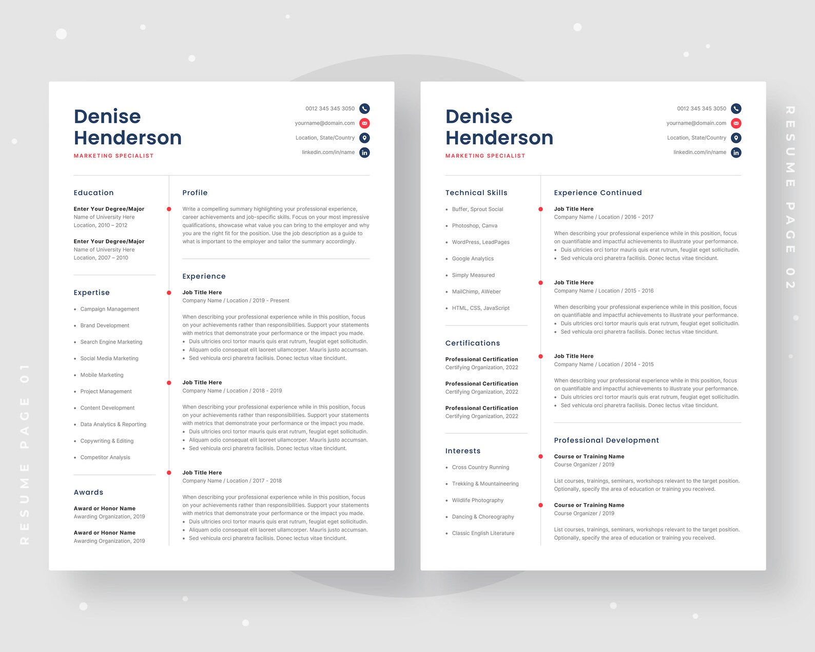 Professional Resume Template for Word & Pages. Minimalist CV Design. 1 ...