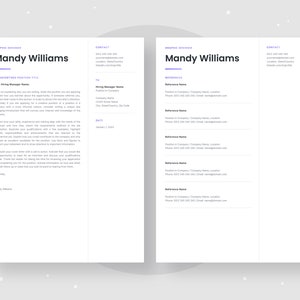 May include: A cover letter and resume for Mandy Williams, a graphic designer. The cover letter is addressed to a hiring manager and includes contact information for Mandy. The resume lists references with names, positions, companies, locations, phone numbers, and email addresses.