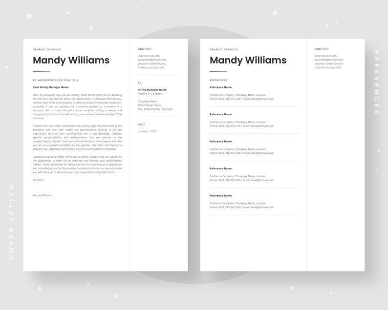 May include: A cover letter and resume for Mandy Williams, a graphic designer. The cover letter is addressed to a hiring manager and includes contact information for Mandy. The resume lists references with names, positions, companies, locations, phone numbers, and email addresses.