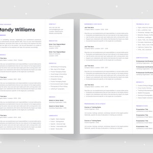 May include: A resume template with a purple and gray color scheme. The resume is divided into sections for contact information, education, experience, expertise, awards, languages, technical skills, certifications, interests, professional development, and presentation titles. The resume is designed to be visually appealing and easy to read.
