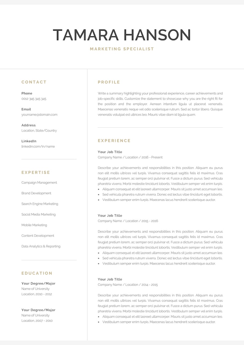 Professional Resume Template for Word & Pages, Modern Marketing Resume, Mac or PC, Creative CV, Cover Letter, Instant Download, Tamara