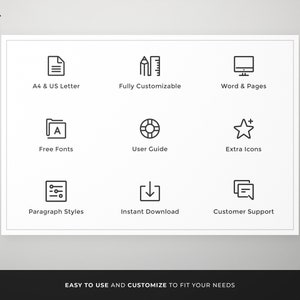 May include: A white graphic with black icons and text. Icons include a document, pencil, computer screen, file folder, life preserver, star, paragraph symbol, download arrow, and a speech bubble. Text includes "A4 & US Letter", "Fully Customizable", "Word & Pages", "Free Fonts", "User Guide", "Extra Icons", "Paragraph Styles", "Instant Download", and "Customer Support". The text "EASY TO USE AND CUSTOMIZE TO FIT YOUR NEEDS" is at the bottom.