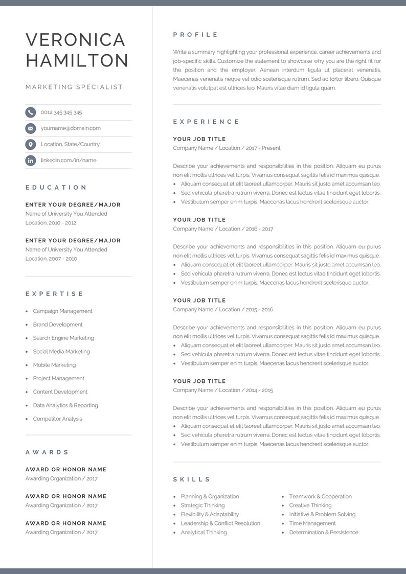 Professional Resume Template, Compact 1 Page Resume Template, Modern One Page CV for Word & Mac Pages, Instant Download, Veronica